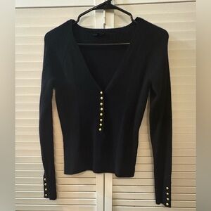 Yuka Black Ribbed Top with gold buttons